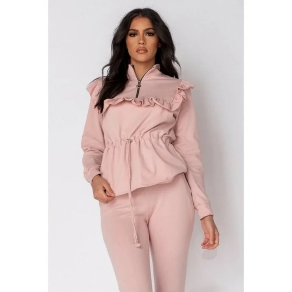Pink Long Sleeve High Neck Frill Detail Top and Jogger Pants Two Piece Set - Picture 2 of 11
